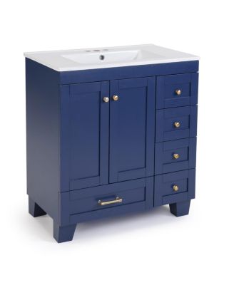 30" Blue Bathroom Vanity with Ceramic Sink, Solid Wood Frame, Pull-Out Drawers, Adjustable Storage, Soft Close Slides
