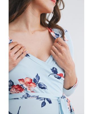 Maternity Floral Nursing Wrap 3/4 Sleeve V-Neck Maxi Dress