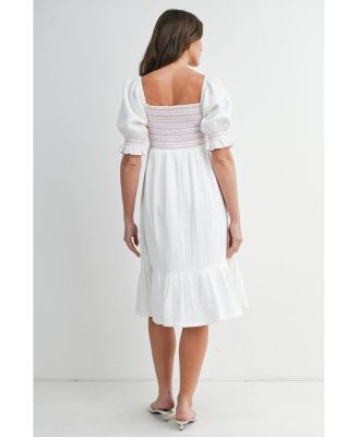 Maternity Smocked Empire Waist Puff Sleeve Midi Dress with Ruffle Hem