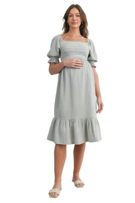 Women's Smocked Empire Waist Puff Sleeve Midi Dress with Ruffle Hem