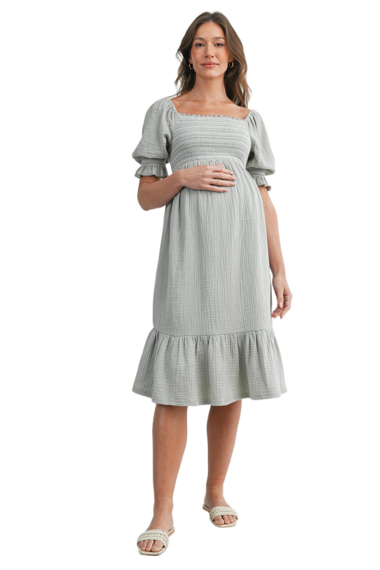 Women's Smocked Empire Waist Puff Sleeve Midi Dress with Ruffle Hem