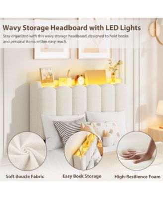 Twin Boucle Upholstered Platform Bed Frame Wavy Headboard Storage Bookcase 2 Drawers No Box Spring Space-Saving White