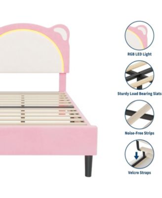  Upholstered Platform Bed Adjustable LED Headboard Wooden Slats Smart Light Design No Box Spring