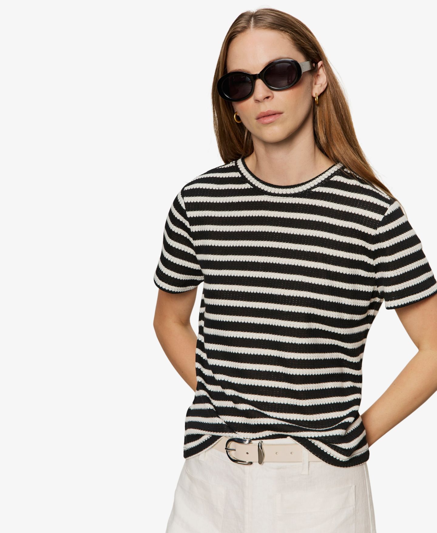 Женская футболка Sanctuary Striped Crewneck Textured, цвет: Чёрный / Меловой полосатый — фото 1