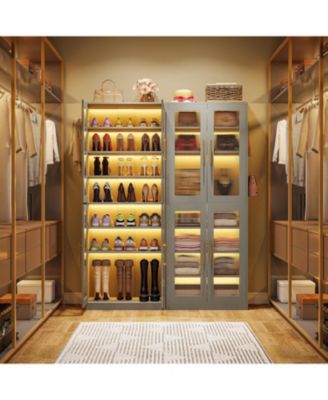 8-Tier Tall Shoe Storage with Acrylic Doors and LED Lights Set of 2, Organizer Rack with Adjustable Shelves and Hanging Hooks