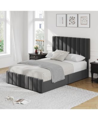 Upholstered Bed Frame 4 Storage Drawers Adjustable Headboard Wooden Slats Support No Box