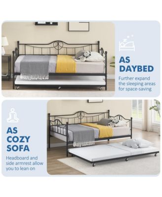 Daybed with Trundle Twin Day Bed 6 Wheels Art Sweet Heart Heavy Duty Metal Slats Pull Out Sofa Bed