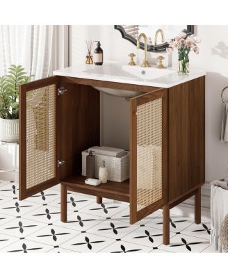 30'' Modern Bathroom Vanity with Ceramic Sink, Bamboo & MDF, Soft Close Rattan Doors, Freestanding Storage Cabinet for Small Spaces