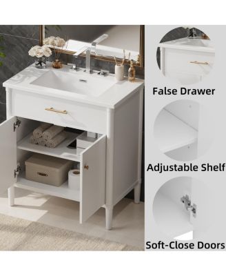 31 Inch Modern Freestanding Bathroom Vanity with Ceramic Sink, MDF Cabinet, Soft Close Doors, Solid Wood Legs