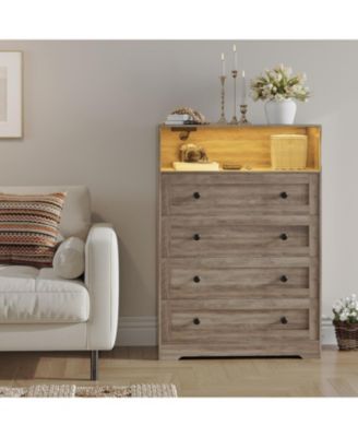 4 Drawer Dresser with Charging Station & LED Lights, Slim Vertical Chest with Open Shelf for Bedroom Closet