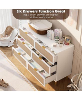 Modern Rattan 6 Drawer Dresser White Deep Storage Wide Top for Bedroom