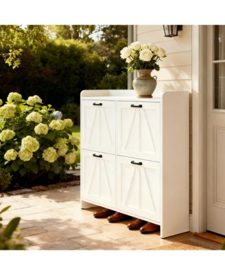 Modern Farmhouse Shoe Cabinet - 4 Flip Drawers and Adjustable Shelves, Entryway Organizer for Living Room, Hallway, White
