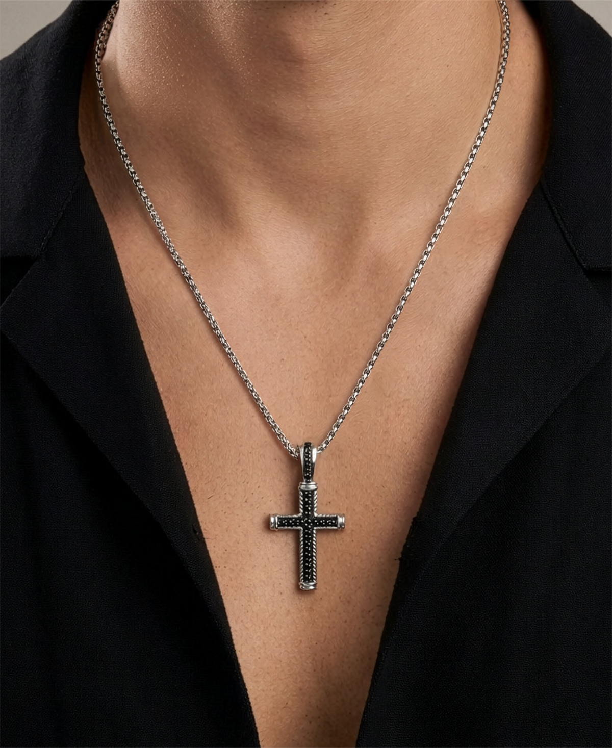 Macy's Men's Black Diamond Cross Pendant Necklace (1/4 ct. t.w.) in Sterling Silver