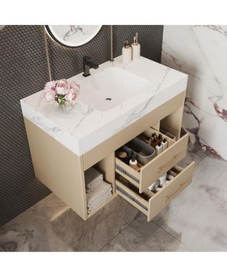 29.9" Floating Bathroom Vanity with Ceramic Sink, Sintered Stone Top, 2 Soft Close Drawers, Wall Mounted for Small Bathrooms