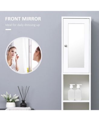Tall Bathroom Storage Cabinet with Mirror, Wooden Freestanding Tower Cabinet with 2 Enclosed Cabinets, 2 Middle Open Shelves for Small Spaces