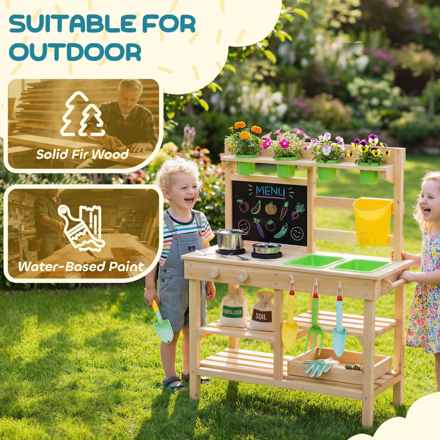 Детская игрушка Qaba Wooden Kids Mud Kitchen with Kitchenware and Garden Tools, цвет: Натуральный — фото 9