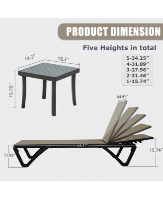Lounge Chairs Set, Aluminum Adjustable Outdoor Chaise Lounge with Wheels, 2 Poolside Chairs,1 Side Table, Textilene