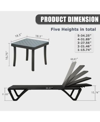 Lounge Chairs Set, Aluminum Adjustable Outdoor Chaise Lounge with Wheels, 2 Poolside Chairs,1 Side Table, Textilene