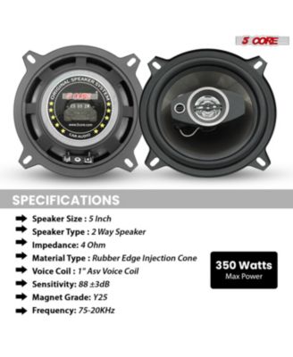 5Core Coaxial Car Door Speakers 5” 4Pcs 350W 4Ohm 2 Way Component Subwoofer Audio w Super Tweeter