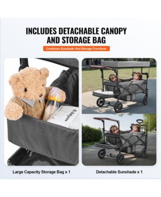 Wagon Stroller for 2 Kids, Push Pull Quad Collapsible Stroller with Adjustable Handle, Encircling Harness and Removable Canopy for Camping