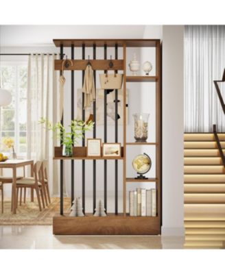 71" Wall Room Divider with Shelves & Coat Hooks, Wood Freestanding Room Divider Bookcase for Home & Office Decorative.