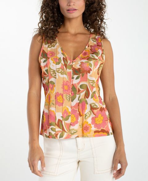 Топ Liverpool Los Angeles Petite Sleeveless V-Neck Woven Top, цвет: Рыжевато-коричневый с принтом разноцветный