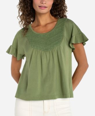 Petite Flutter-Sleeve Round Neck Woven Top