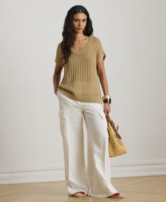 Women's Short-Sleeve V-Neck Ribbed Sweater