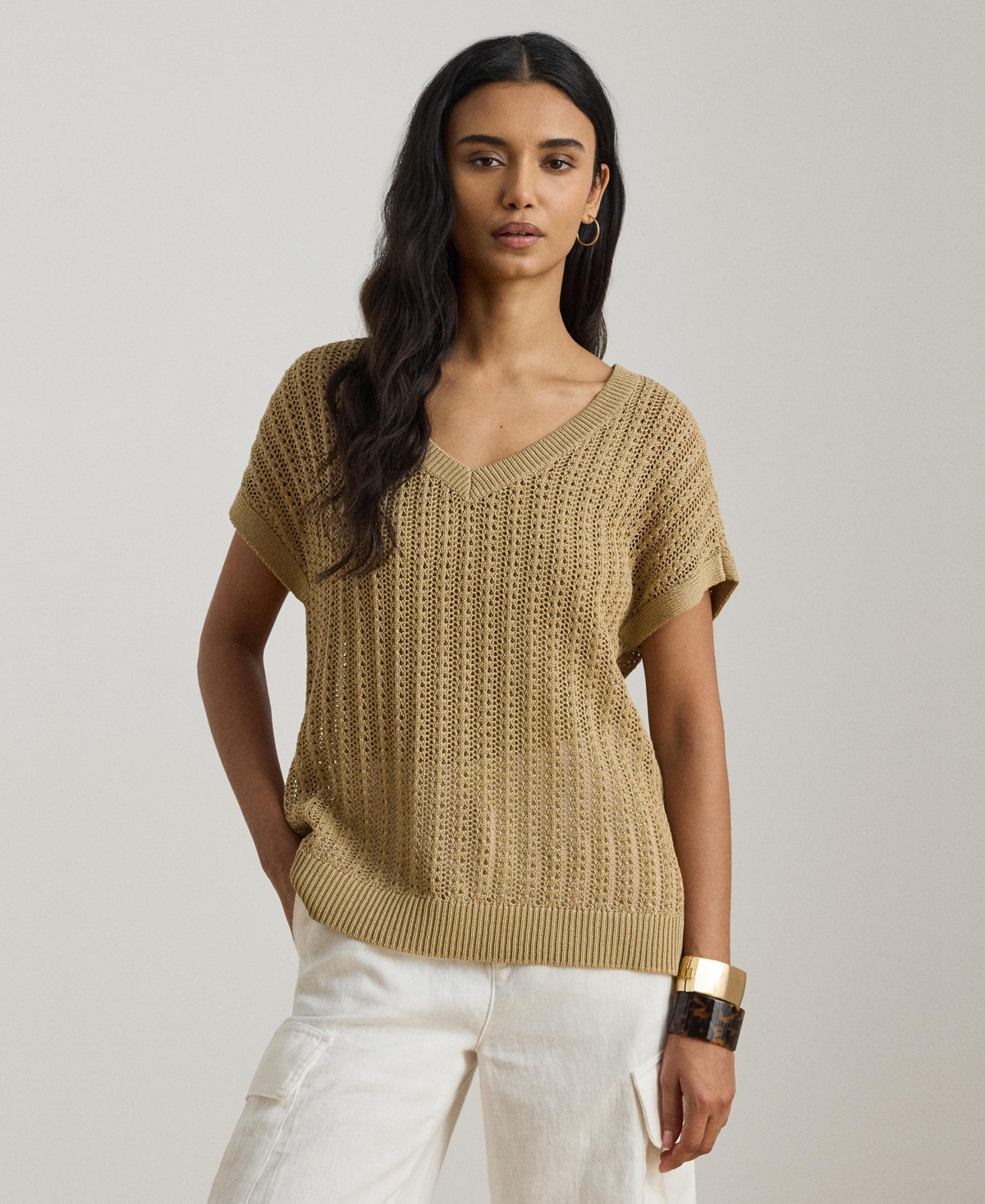 Lauren Ralph Lauren Women's Short-Sleeve V-Neck Ribbed Sweater - Birch Tan