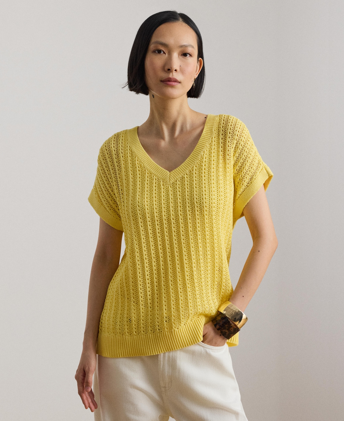 Lauren Ralph Lauren Women's Short-Sleeve V-Neck Ribbed Sweater - Lemon Sorbet