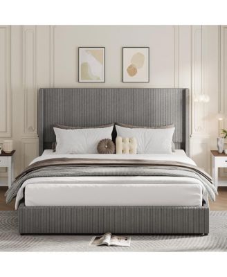 Queen Upholstered Platform Bed Storage Drawers Wingback Headboard Corduroy Fabric No Box Spring