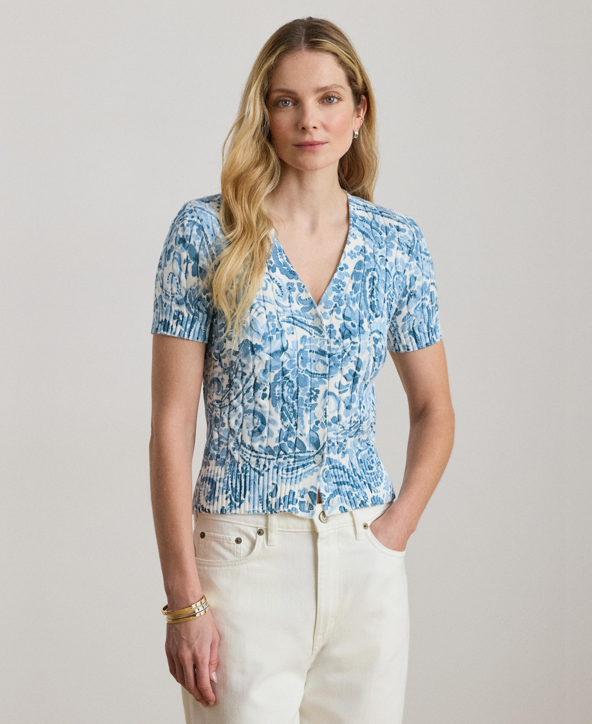 Lauren Ralph Lauren Women's Short-Sleeve V-Neck Cardigan - White/Blue Multi