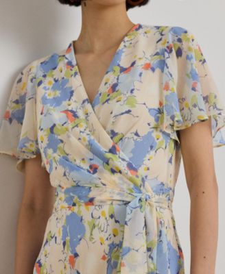 Women's Floral Surplice Neck Midi Dress