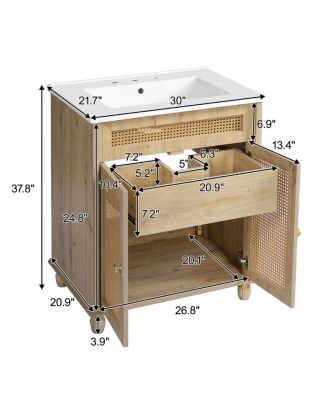 Natural Bathroom Vanity with Resin Sink, Freestanding Cabinet with Rattan Doors & Soft Close for Modern Storage