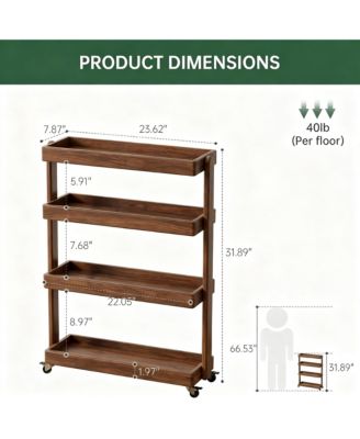 Solid Wood 4-Shelf Rolling Cart for Home Storage