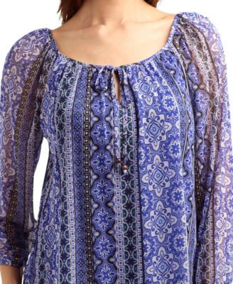 Women's Print Mesh Scoop Neck Peasant Top