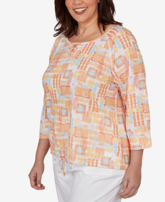Plus Size Printed Slub Blouson Top with Three-Quarter-Sleeves