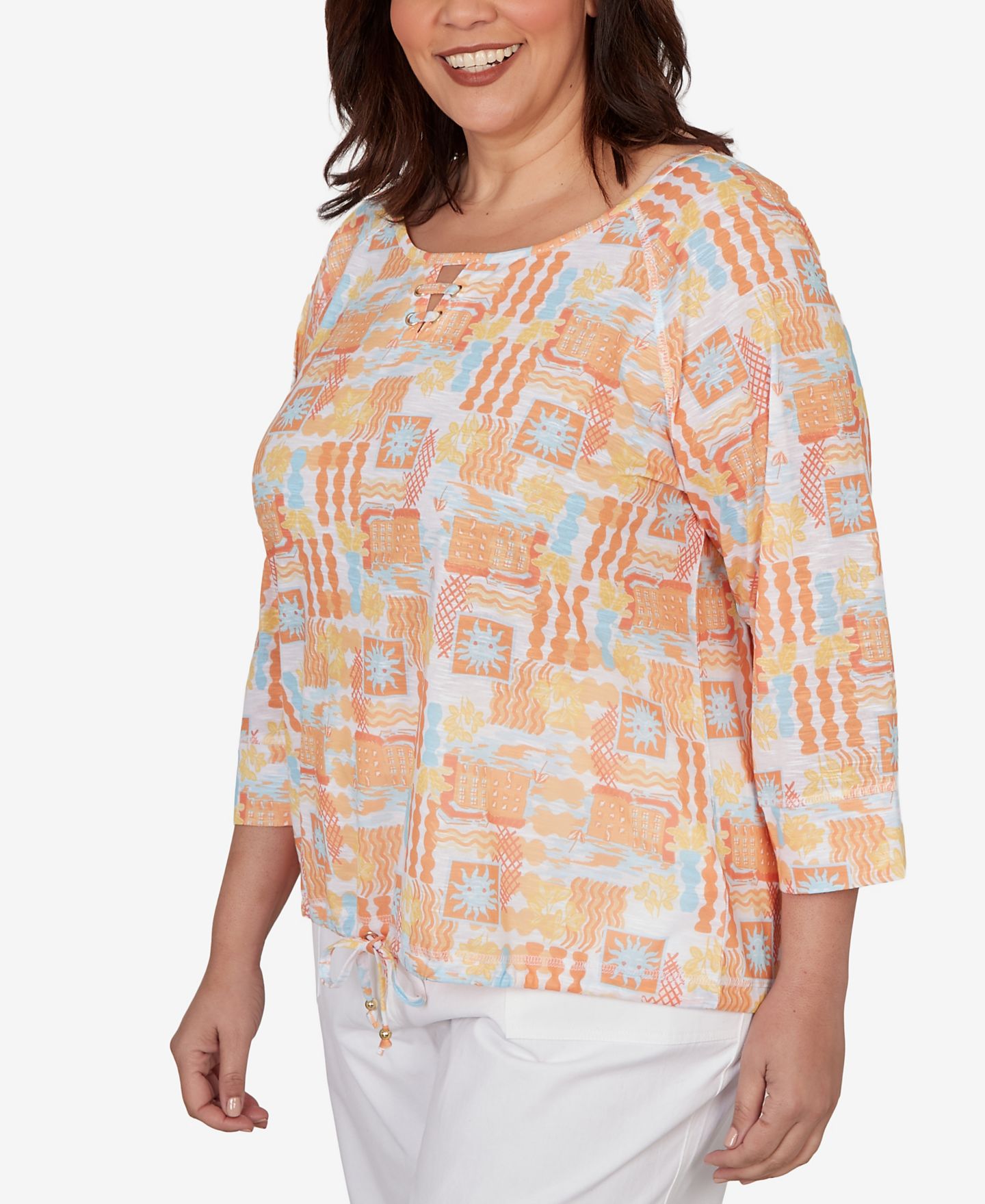 Женский топ HEARTS OF PALM Plus Size Printed Slub Blouson with Three-Quarter-Sleeve, цвет: Разноцветный — фото 2