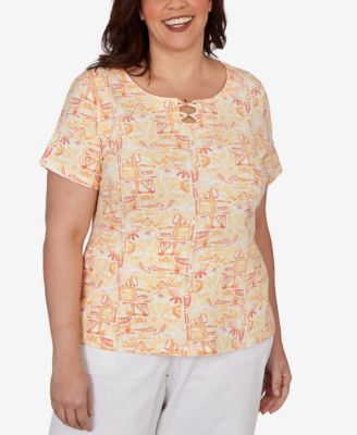 Plus Size Printed Stretch Jersey Short-Sleeve Bead Neck Top