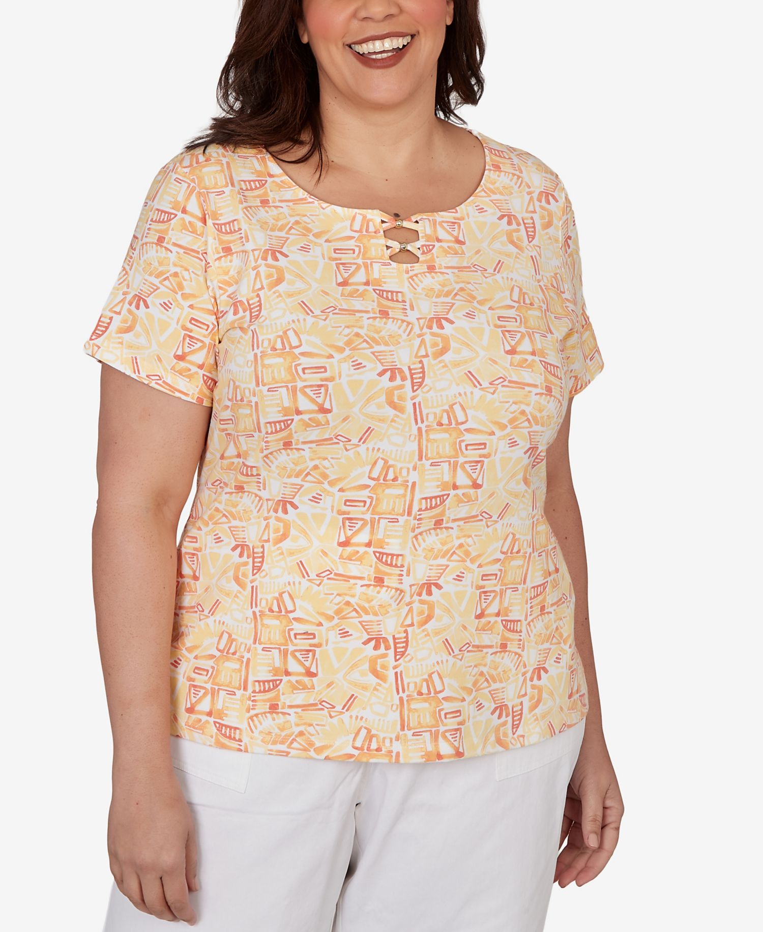 Plus Size Printed Stretch Jersey Short-Sleeve Bead Neck Top