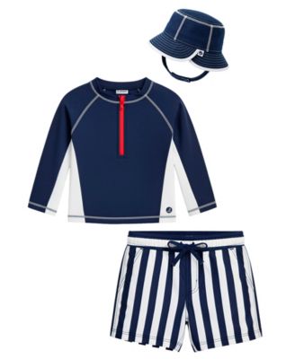Baby Boys' Long-Sleeve Rashguard, Swim Trunks and Sun Hat, 3-Piece Set