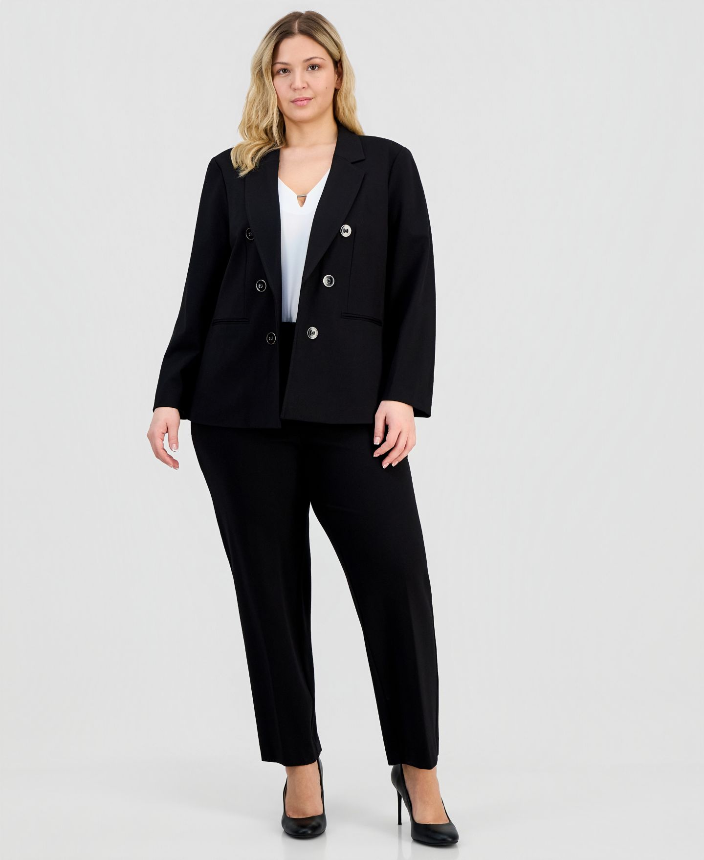 Женский пиджак Jones New York Plus Size Faux Double-Breasted Open-Front Blazer, цвет: Чёрный — фото 2