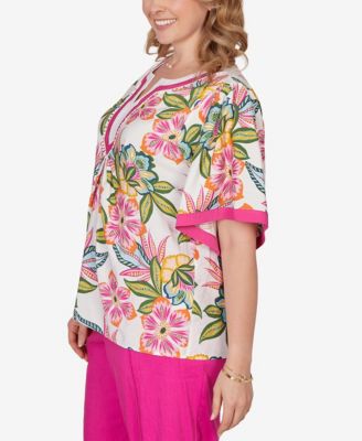 Plus Size Tropical Floral Trim Detail Top