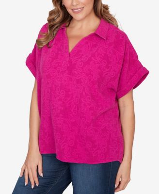 Plus Size Paisley Embossed Gauze Camp Shirt
