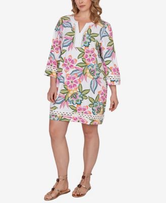 Plus Size Bold Tropical Solid Trim Shift Dress