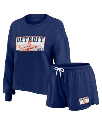 Women's Navy Detroit Tigers Heavy Rugby Jersey Cropped Long Sleeve T-Shirt & Shorts Lounge Set