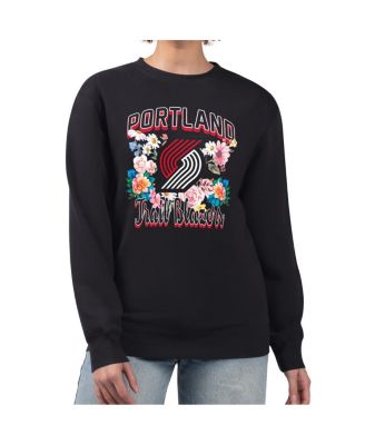 Women's Black Portland Trail Blazers Flowers Team Logo Graphic Fleece Crewneck Pullover Sweatshirt