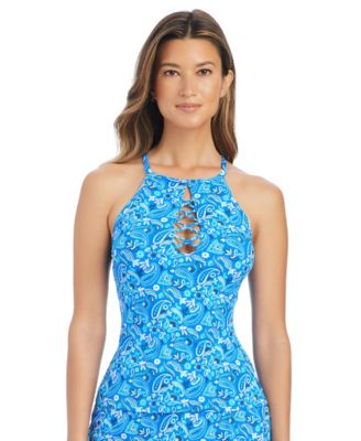 Women's High-Neck Lattice-Front Swim Tankini Top