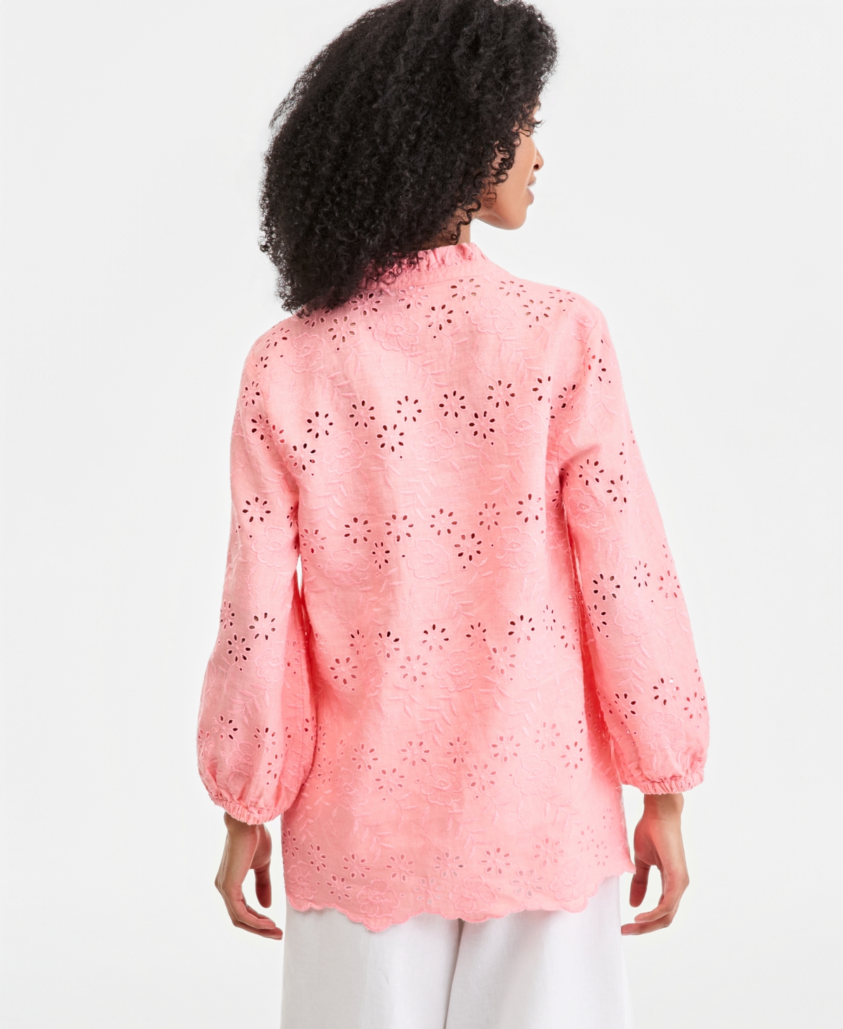 Charter Club Women's 100% Linen Eyelet-Embroidered Blouson-Sleeve Top, Macy's Exclusive