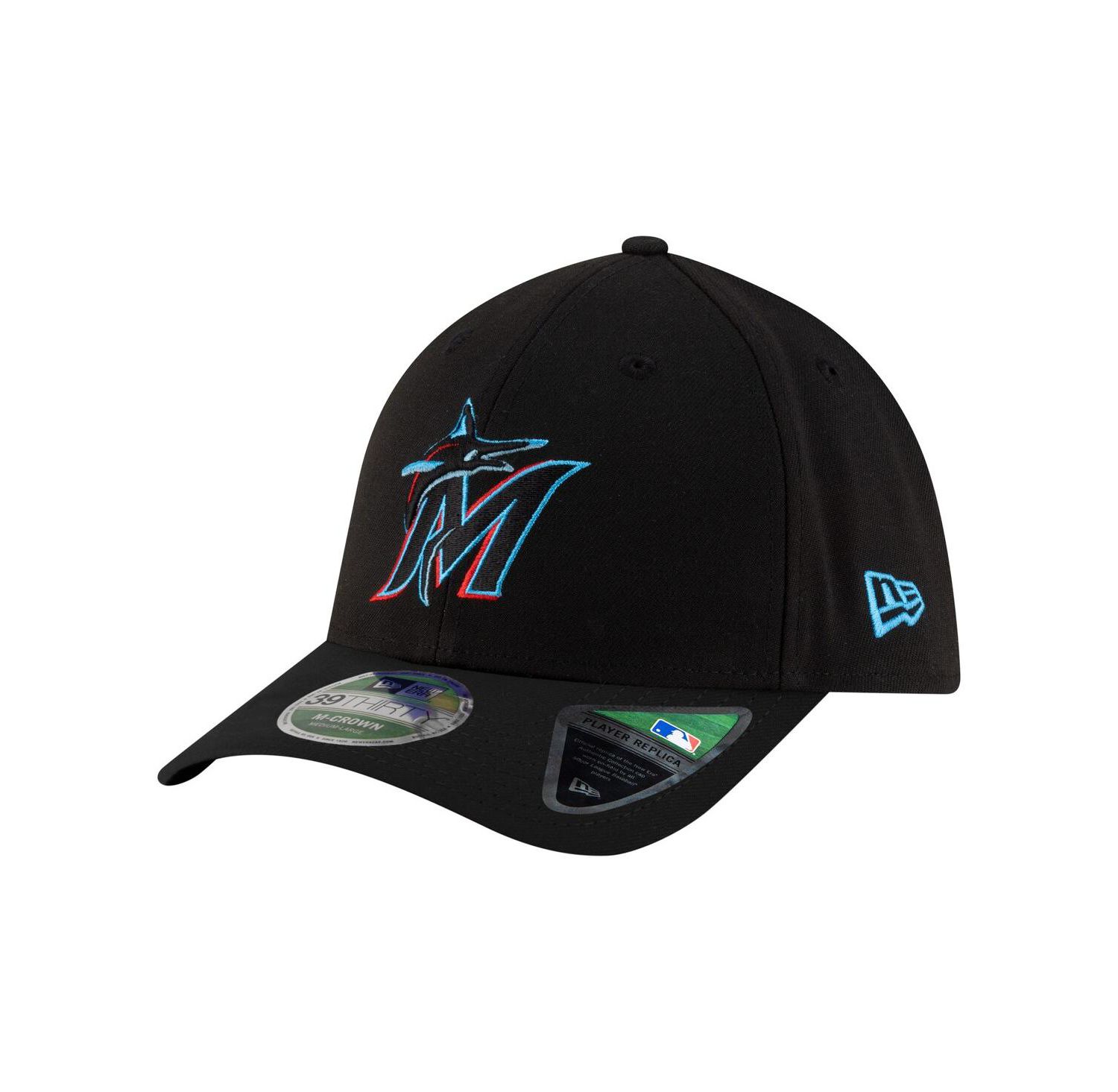 Men's Black Miami Marlins Player Replica 39THIRTY M-Crown Flex Hat